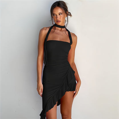 Carmine Juneberry slim fit halter off-shoulder dress with stringy details and selvedge fabric, perfect for fashionable occasions.