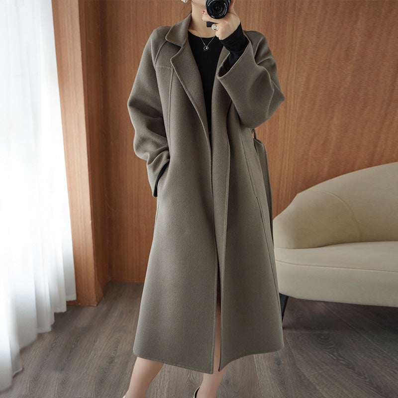 Reversible cashmere coat for women, mid-length loose over knee jacket by Carmine Juneberry, stylish and cozy outerwear.