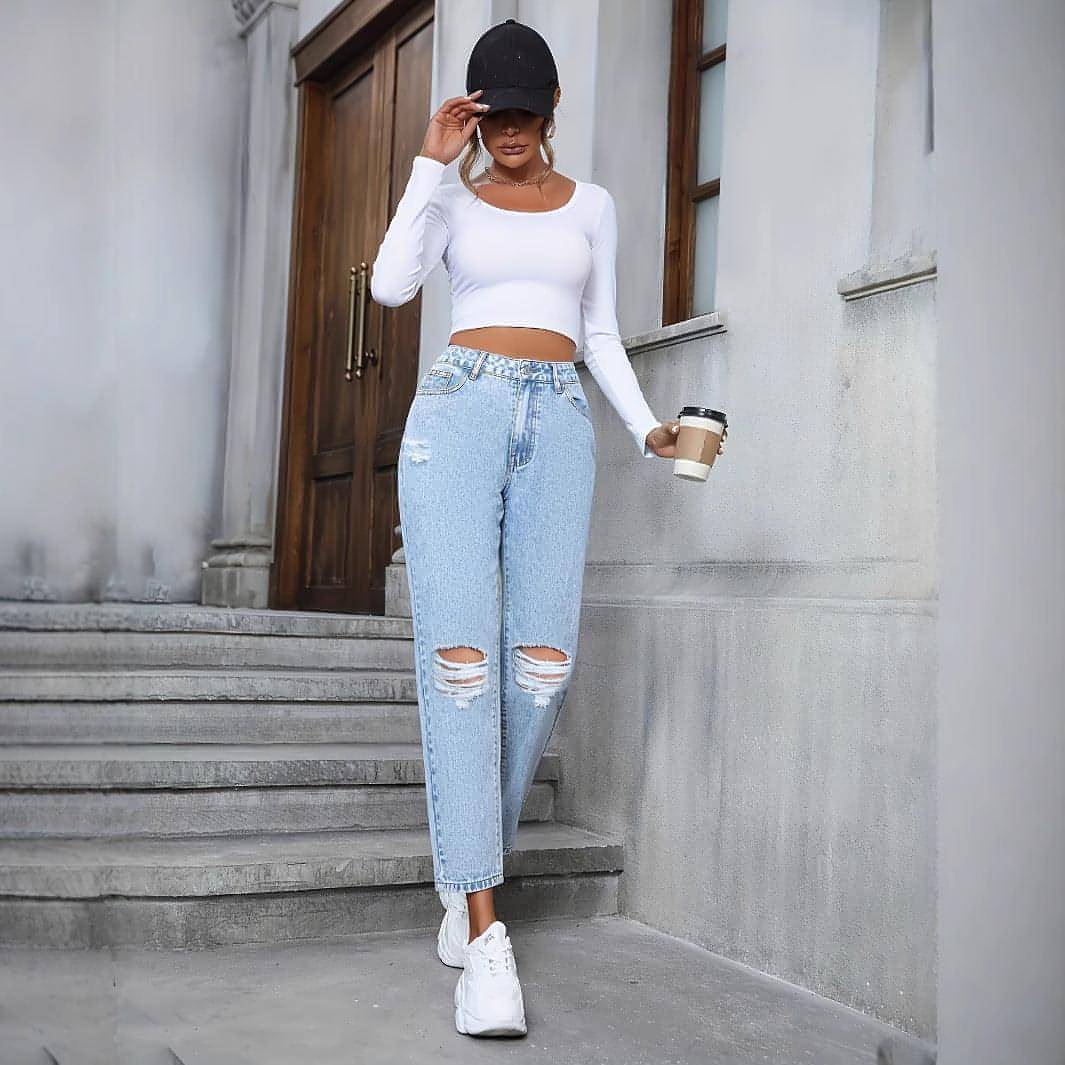 Carmine Juneberry DenimDare™ loose straight ripped denim jeans with distressed details and classic five-pocket design.