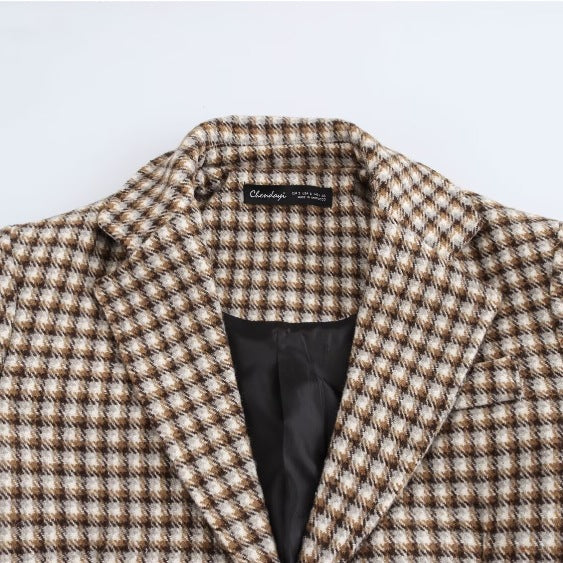 Carmine Juneberry retro plaid wool-look coat featuring a classic jacket style with a vintage plaid pattern and wool-like texture.