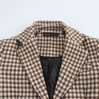 Carmine Juneberry retro plaid wool-look coat featuring a classic jacket style with a vintage plaid pattern and wool-like texture.