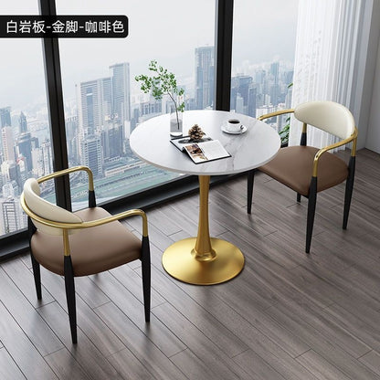 A light luxury sintered stone small round table for reception and negotiation tables and chairs, a trendy coffee table, balcony lounge table, and chair combination