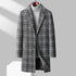 Men’s wool-blend plaid overcoat by Carmine Juneberry, mid-length business jacket in classic pattern, suitable for formal outdoor wear.