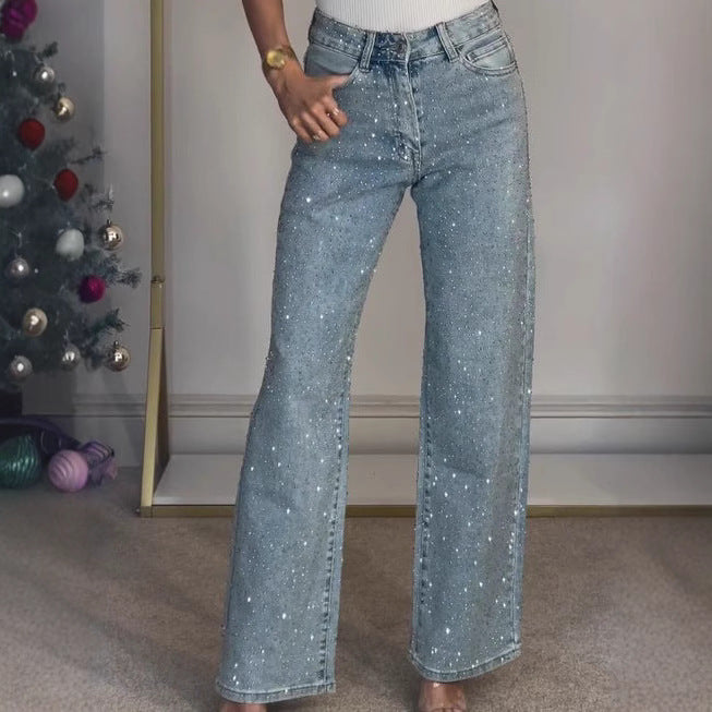 Women’s high waist straight street jeans with glitter detail by Carmine Juneberry, showcasing stylish denim with shimmer accents.