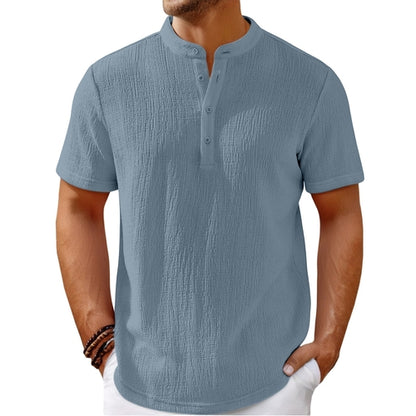 Carmine Juneberry striped cotton-linen Henley T-shirt with long sleeves and button neckline, casual and breathable for everyday wear.
