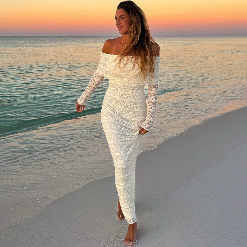 Elegant off-shoulder lace maxi dress by Carmine Juneberry, featuring a sophisticated socialite style in a 25th edition design.