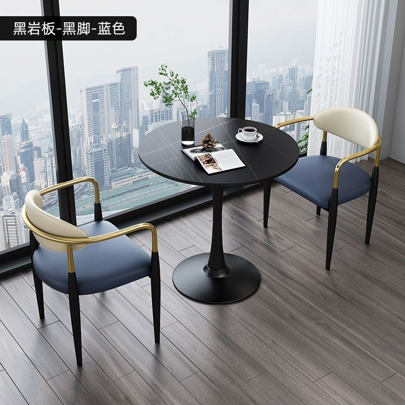 A light luxury sintered stone small round table for reception and negotiation tables and chairs, a trendy coffee table, balcony lounge table, and chair combination