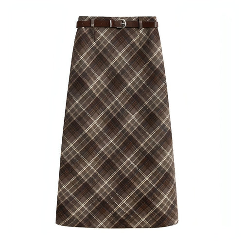 High waist mid-length woolen plaid skirt for women by Carmine Juneberry, featuring a classic checkered pattern and tailored fit.