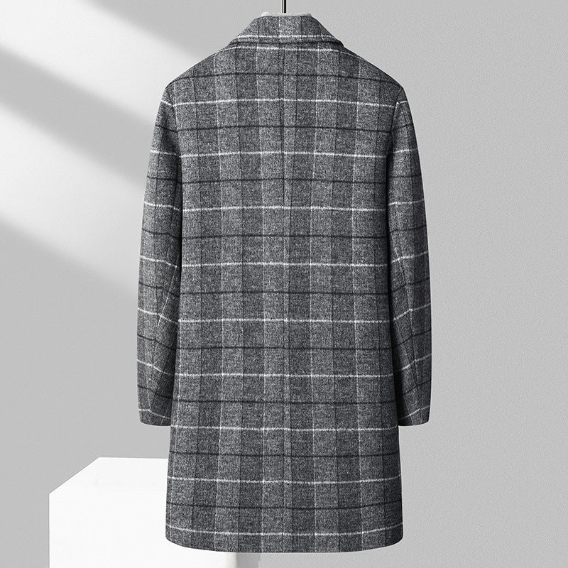 Men’s wool-blend plaid business overcoat by Carmine Juneberry, mid-length jacket with classic check pattern and tailored fit.
