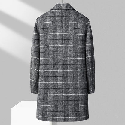 Men’s wool-blend plaid business overcoat by Carmine Juneberry, mid-length jacket with classic check pattern and tailored fit.