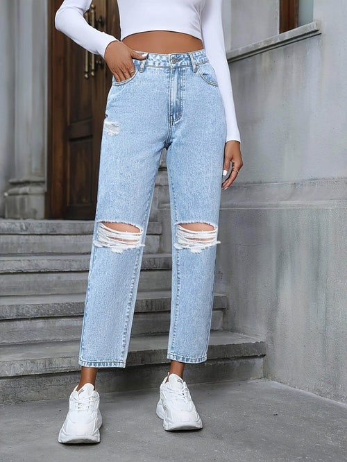 Carmine Juneberry DenimDare™ loose straight ripped denim jeans with distressed details and classic five-pocket design.
