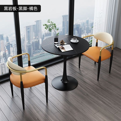 A light luxury sintered stone small round table for reception and negotiation tables and chairs, a trendy coffee table, balcony lounge table, and chair combination
