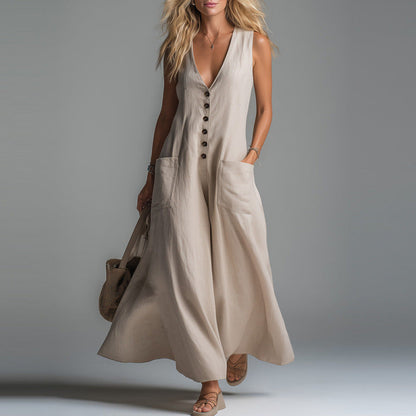 Pear Daisy casual dress with deep V plunge neckline, patch pockets, solid color, suitable for spring and summer wear