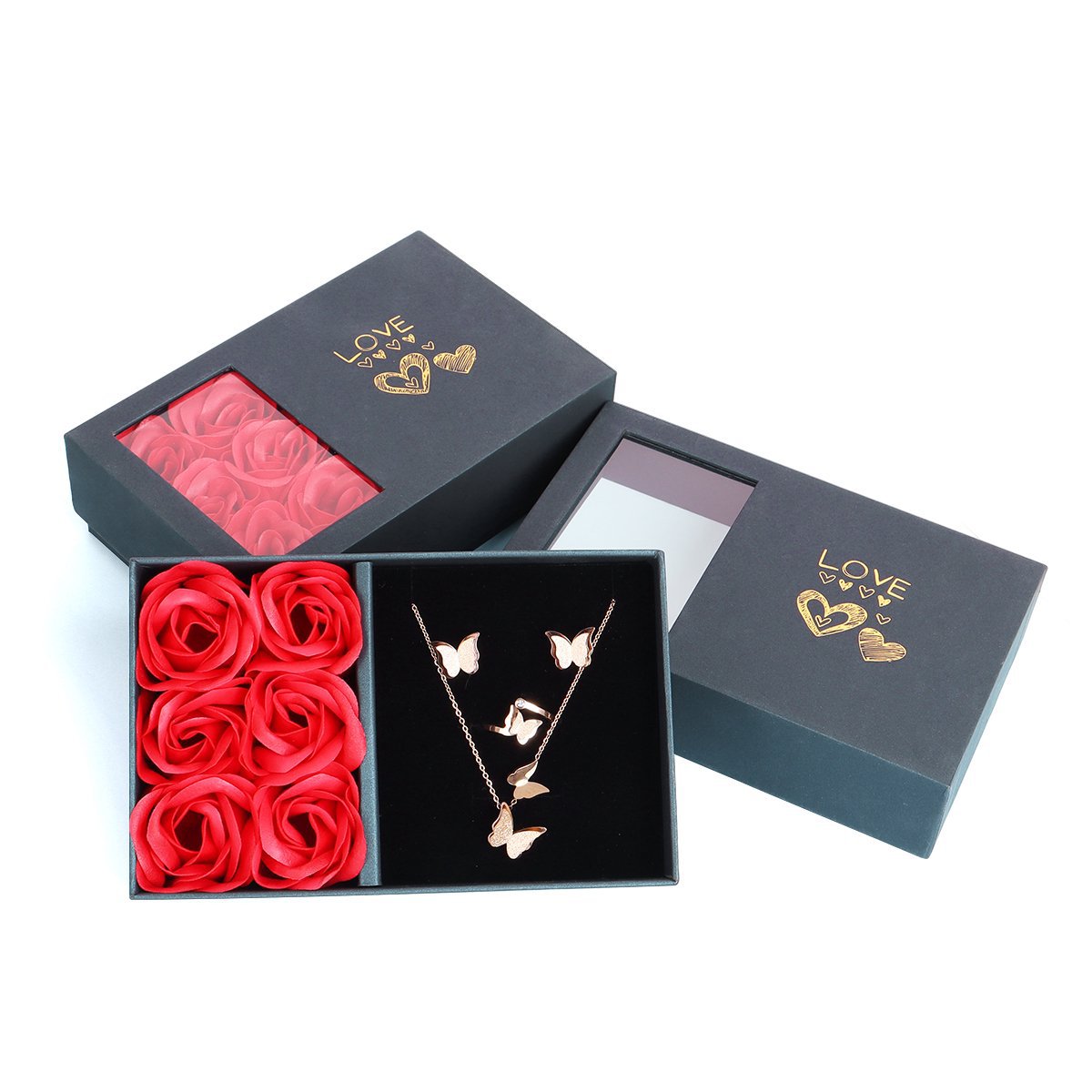 Rose Sand Brier Heaven and Earth Cover Rose Jewelry Box with six flower design for rings and small jewelry storage