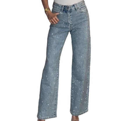 Women’s high waist straight street jeans with glitter detail by Carmine Juneberry, showcasing stylish fit and sparkling accents.