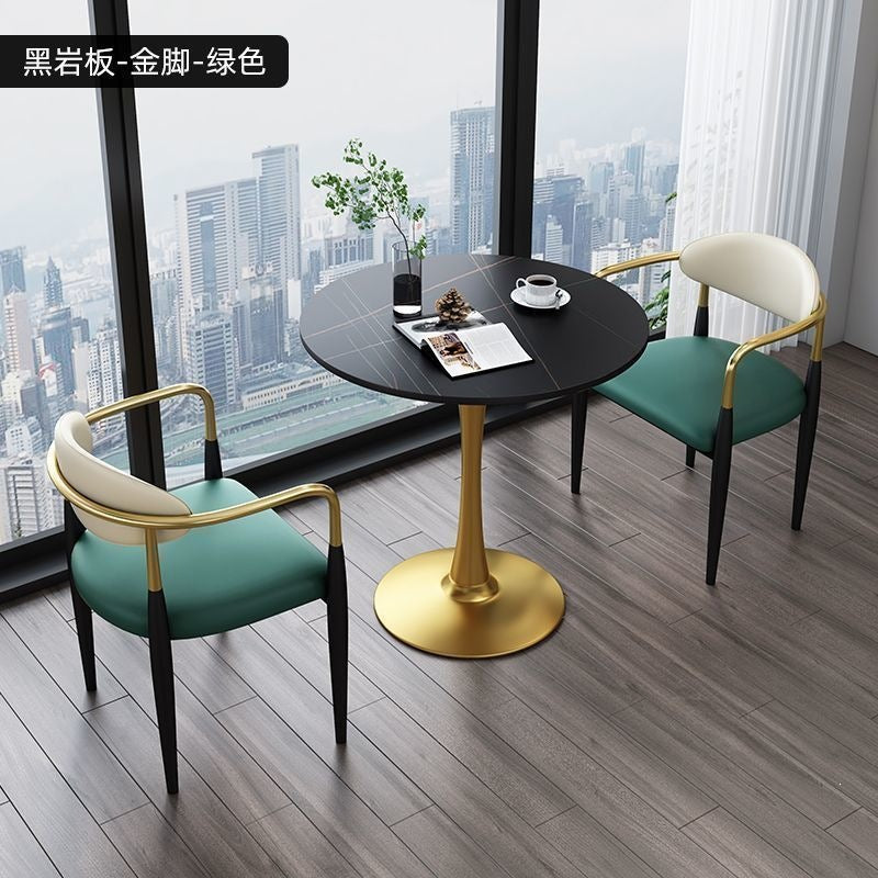 A light luxury sintered stone small round table for reception and negotiation tables and chairs, a trendy coffee table, balcony lounge table, and chair combination