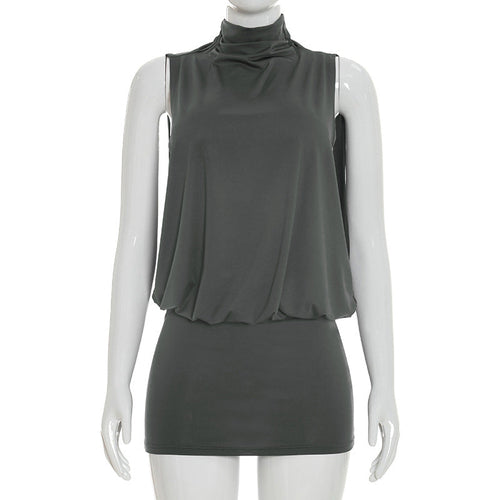 Women’s summer sleeveless turtleneck mini dress by Pear Daisy, solid color casual outfit perfect for warm weather.