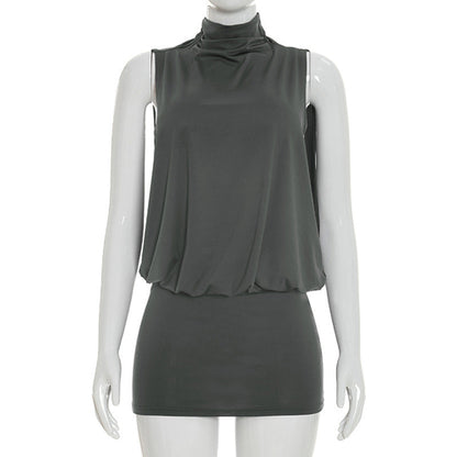 Women’s summer sleeveless turtleneck mini dress by Pear Daisy, solid color casual outfit perfect for warm weather.