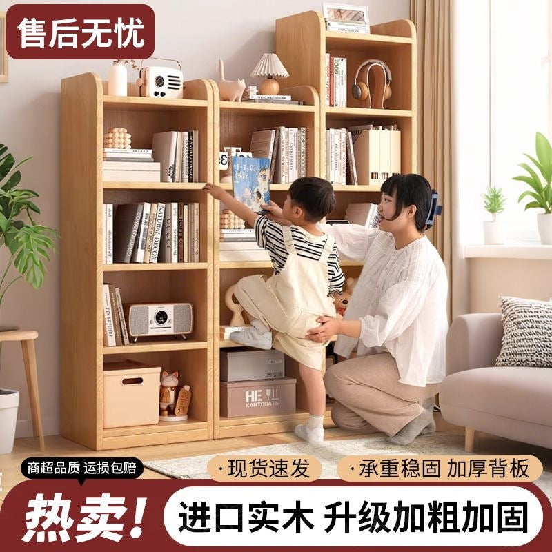 Solid wood bookshelves, integrated against the wall, floor shelves, household children&