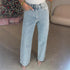 Women’s high waist straight street jeans with glitter detail by Carmine Juneberry, showcasing stylish denim with a glitter finish.