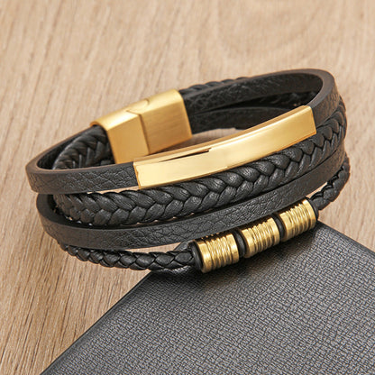 Stainless steel braided leather rope bracelet by Rose Sand Brier, featuring explosive cross-border design and durable craftsmanship.