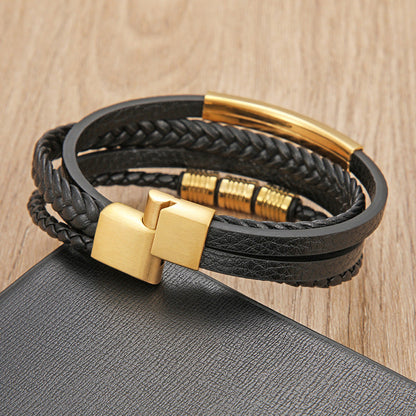 Stainless steel braided leather rope bracelet by Rose Sand Brier featuring cross-border explosive design.