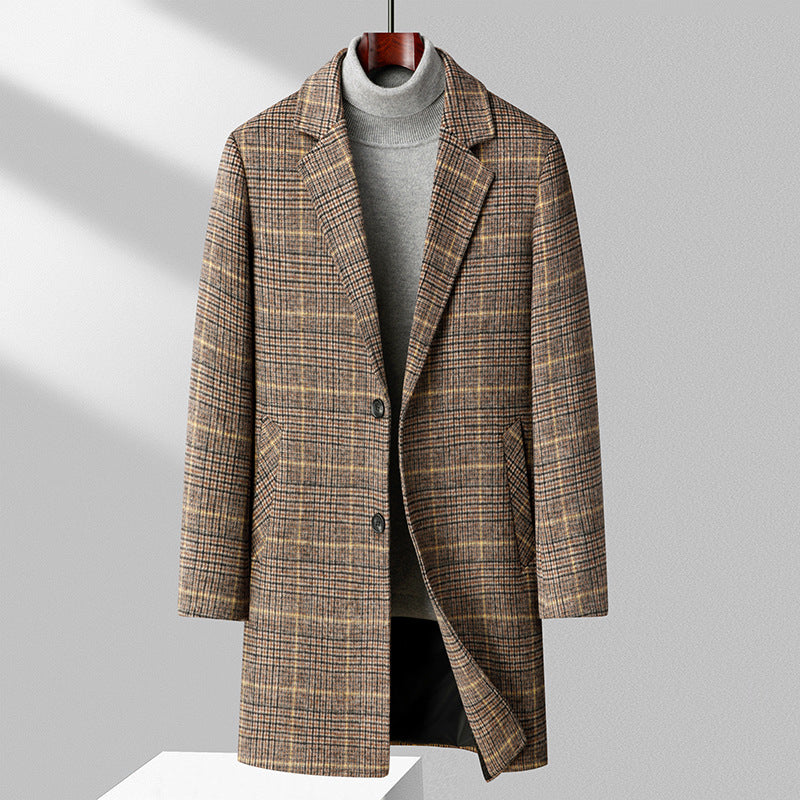 Men’s wool-blend plaid overcoat by Carmine Juneberry, mid-length business jacket with classic pattern and tailored fit.