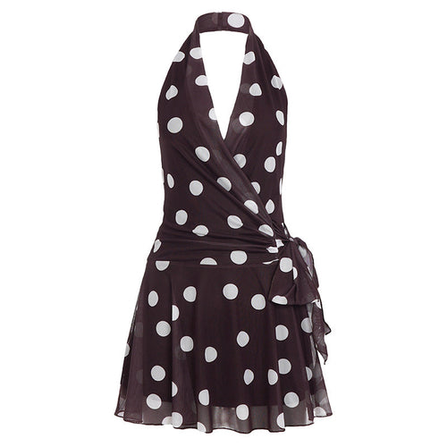 Pear Daisy retro polka dot deep V plunge neck mesh camisole dress with lace, ideal for vacation or home wear.