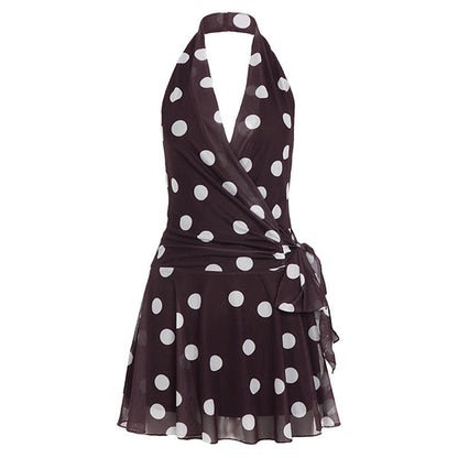 Pear Daisy retro polka dot deep V plunge neck mesh camisole dress with lace, ideal for vacation or home wear.