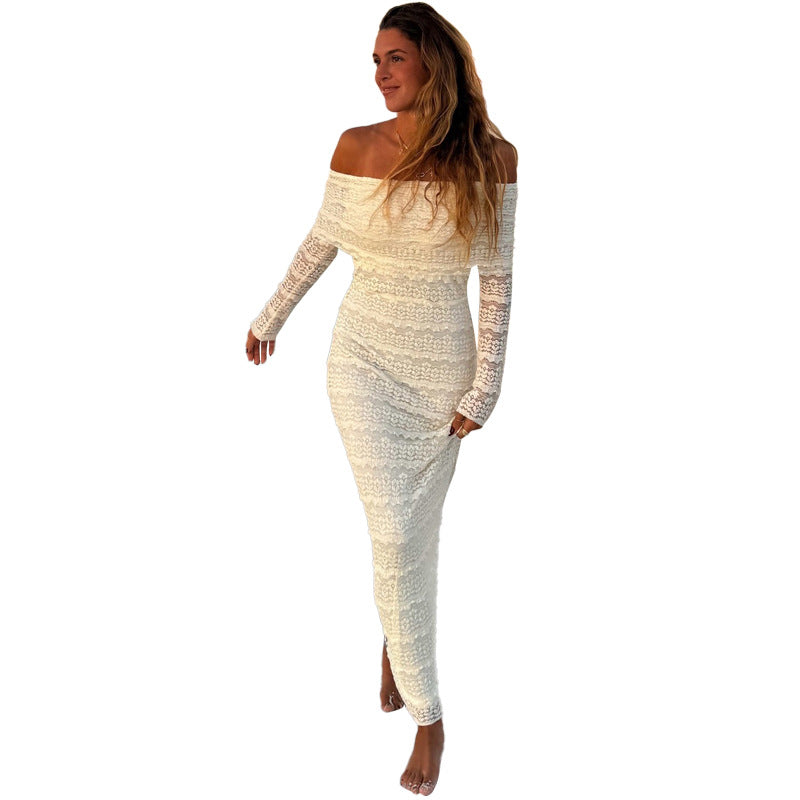Elegant off-shoulder lace maxi dress by Carmine Juneberry featuring a flowing socialite style for formal occasions.