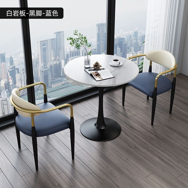 A light luxury sintered stone small round table for reception and negotiation tables and chairs, a trendy coffee table, balcony lounge table, and chair combination