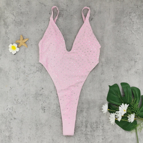 Pear Daisy backless one-piece swimsuit with T-shaped design and high slit, perfect for stylish beach or poolside wear.