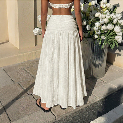 Pear Daisy Vacation large swing elastic waist solid color textured skirt, perfect for home and garden wear, shown in a natural fabric close-up.