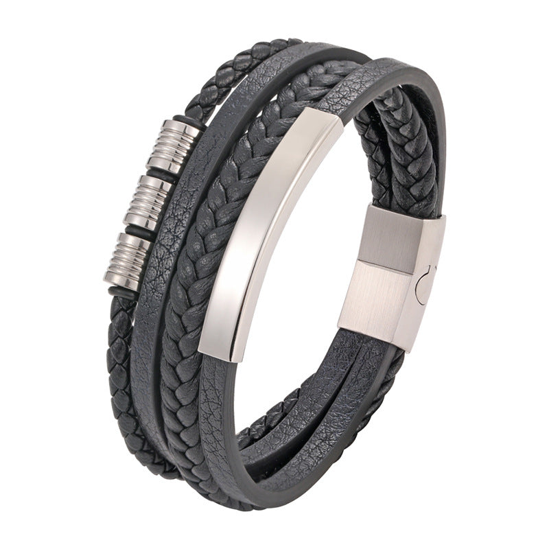 Stainless steel braided leather rope bracelet with cross-border explosive design by Rose Sand Brier, stylish jewelry accessory.