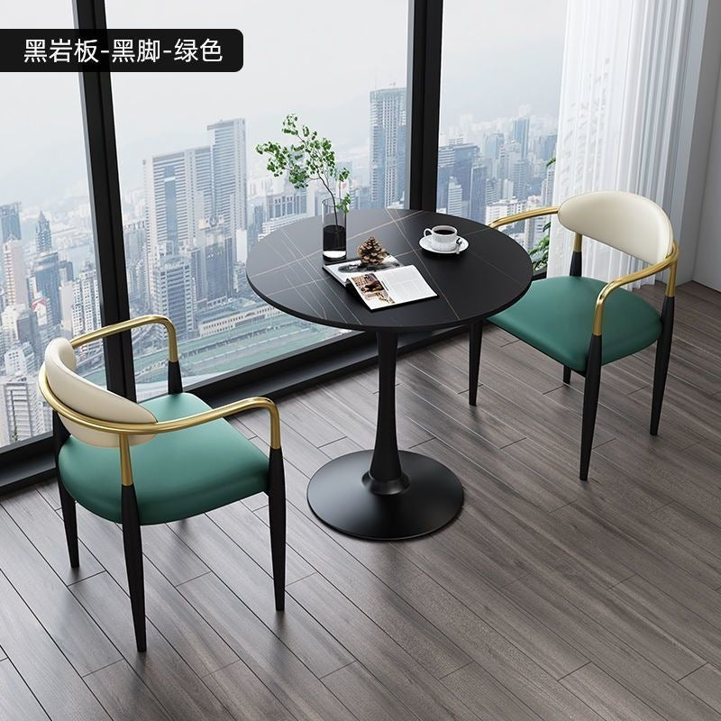 A light luxury sintered stone small round table for reception and negotiation tables and chairs, a trendy coffee table, balcony lounge table, and chair combination