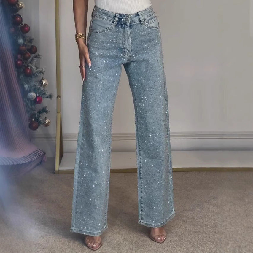 Women’s high waist straight street jeans with glitter detail by Carmine Juneberry, showcasing the stylish fit and sparkling accents.