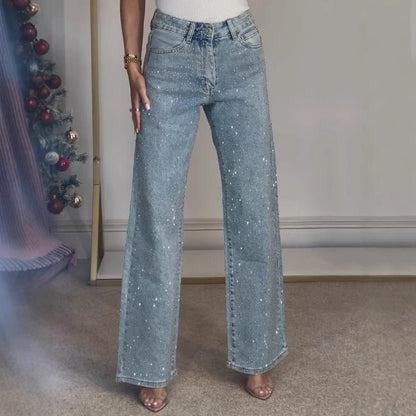 Women’s high waist straight street jeans with glitter detail by Carmine Juneberry, showcasing the stylish fit and sparkling accents.