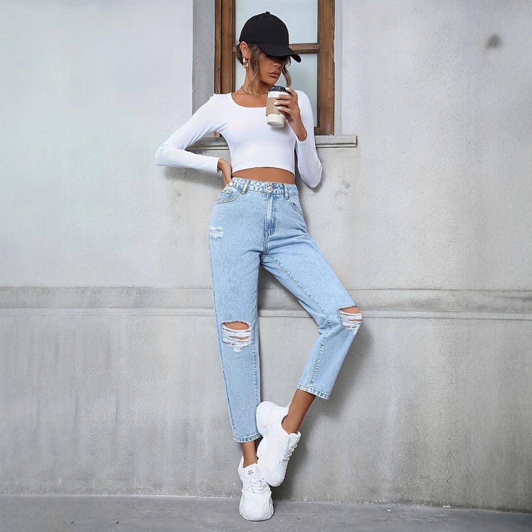 Carmine Juneberry DenimDare™ loose straight ripped denim jeans with distressed details, shown on a model in a casual setting.
