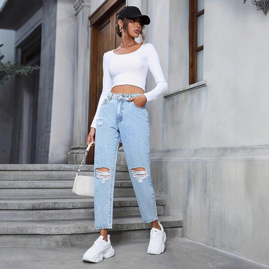 Carmine Juneberry DenimDare™ loose straight ripped denim jeans with distressed details and classic five-pocket design.