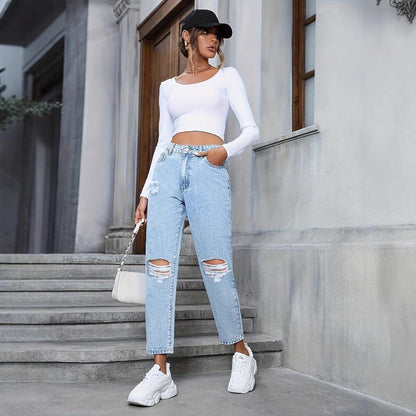 Carmine Juneberry DenimDare™ loose straight ripped denim jeans with distressed details and classic five-pocket design.