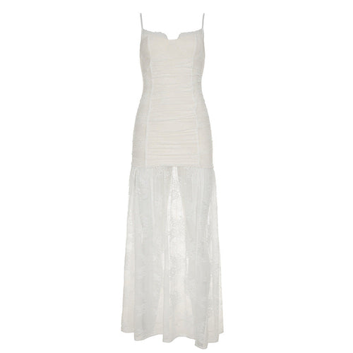 Elegant women’s lace split pleated sling dress by Pear Daisy, featuring see-through lace design and flowing pleats.