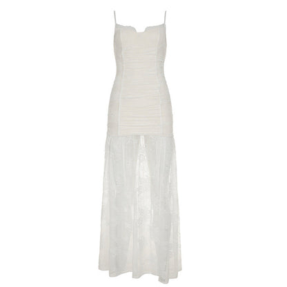 Elegant women’s lace split pleated sling dress by Pear Daisy, featuring see-through lace design and flowing pleats.
