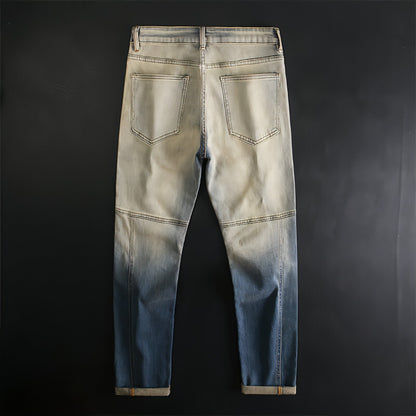 Carmine Juneberry UrbanEase™ Retro Patchwork Motorcycle Jeans for men, showing stylish patchwork design and rugged denim fabric.