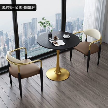 A light luxury sintered stone small round table for reception and negotiation tables and chairs, a trendy coffee table, balcony lounge table, and chair combination