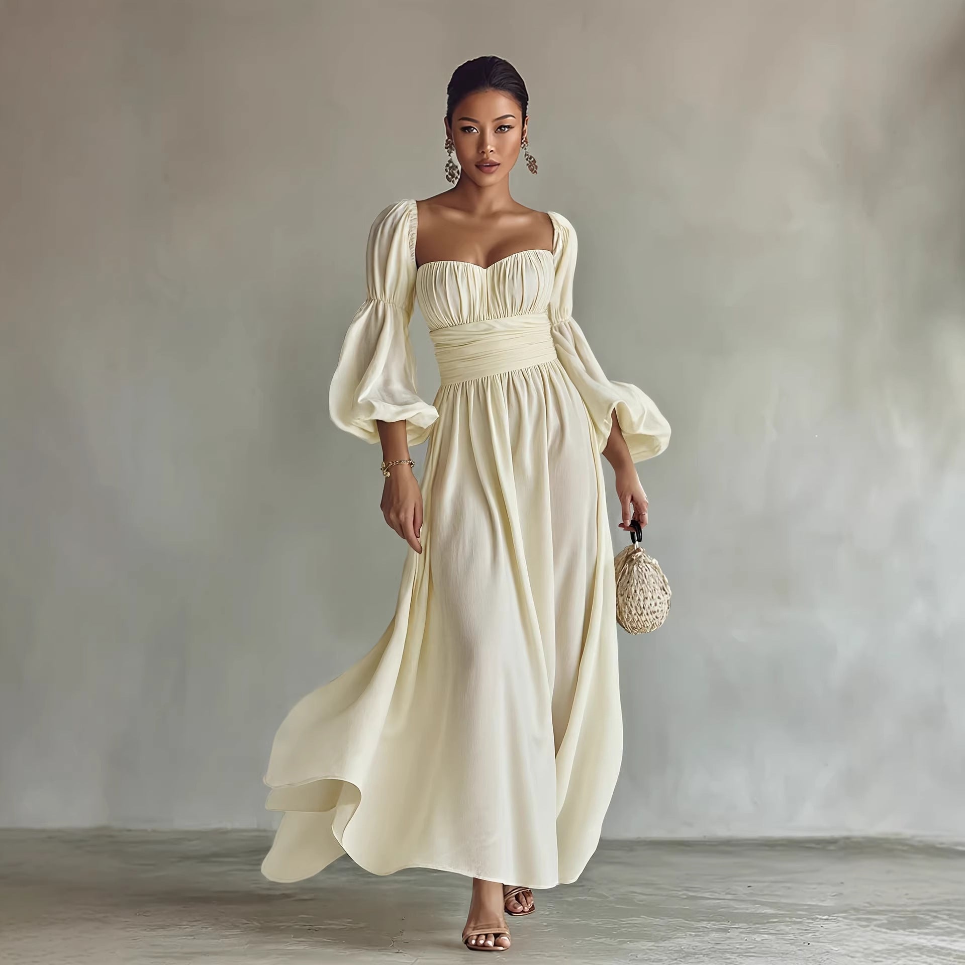 Women’s Palace Artistic Retro French formal dress with puff sleeves, by Pear Daisy, showcasing elegant design and vintage-inspired style.