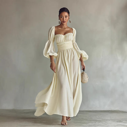 Women’s Palace Artistic Retro French formal dress with puff sleeves, by Pear Daisy, showcasing elegant design and vintage-inspired style.