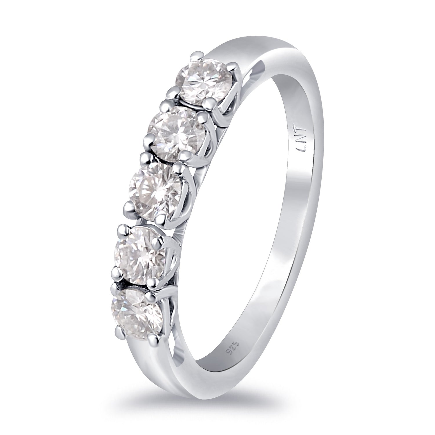 Sterling silver white moissanite 5-stone ring featuring sparkling gemstones and elegant design, crafted by Copper Juniper.