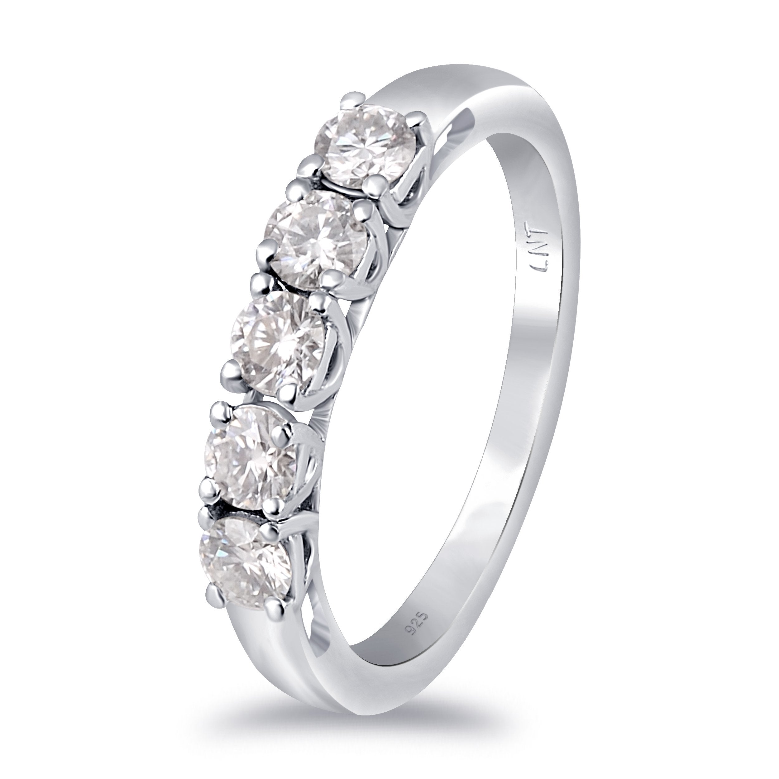 Sterling silver white moissanite 5-stone ring featuring sparkling gemstones and elegant design, crafted by Copper Juniper.