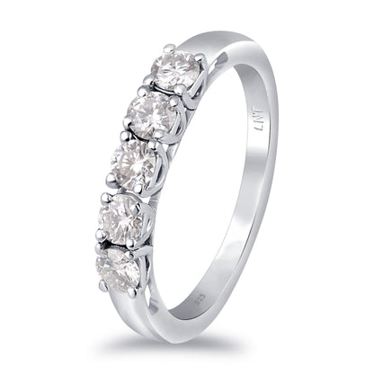 Sterling silver white moissanite 5-stone ring featuring sparkling gemstones and elegant design, crafted by Copper Juniper.