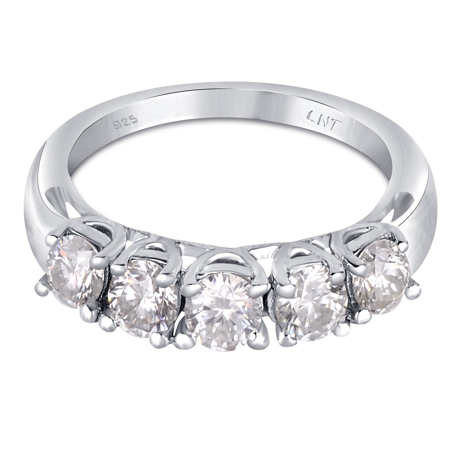 Sterling silver white moissanite 5-stone ring with sparkling gemstones, elegant jewelry design from Copper Juniper.